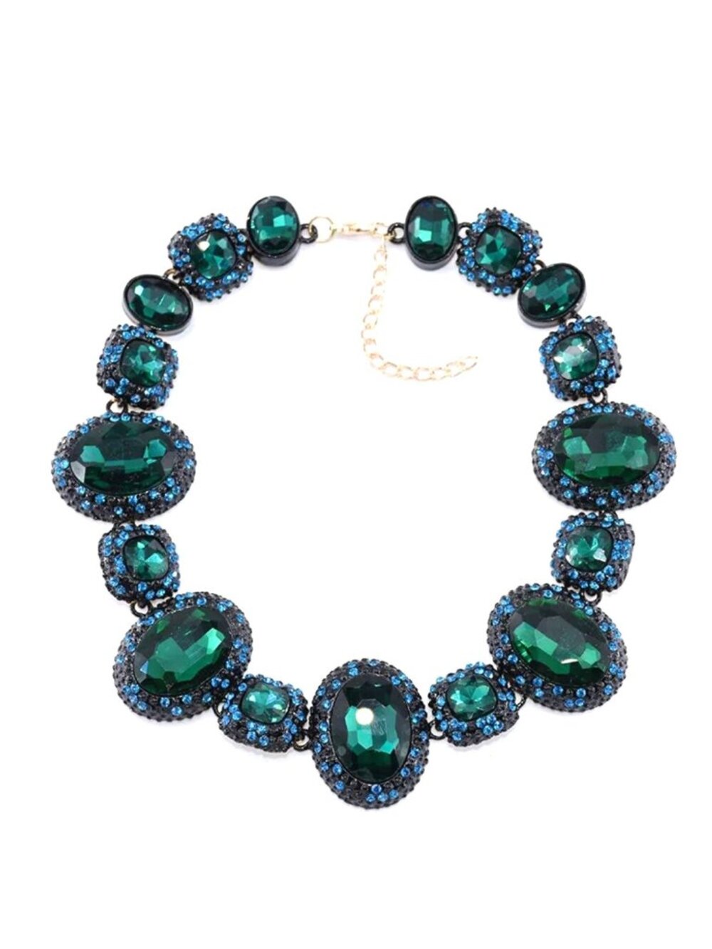 Statement Necklace Big Green & Blue Rhinestones Bling Black Tone